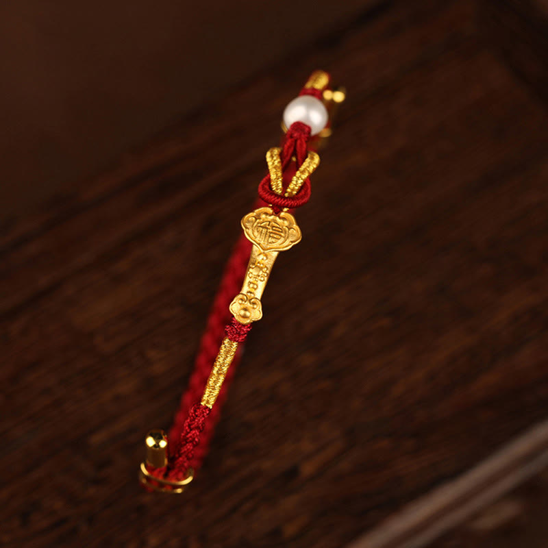 Buddha Stones24K ゴールド ウィッシュ 如意 ハンドル 福 キャラクター ウサギ パール 幸運 編み込み ブレスレット