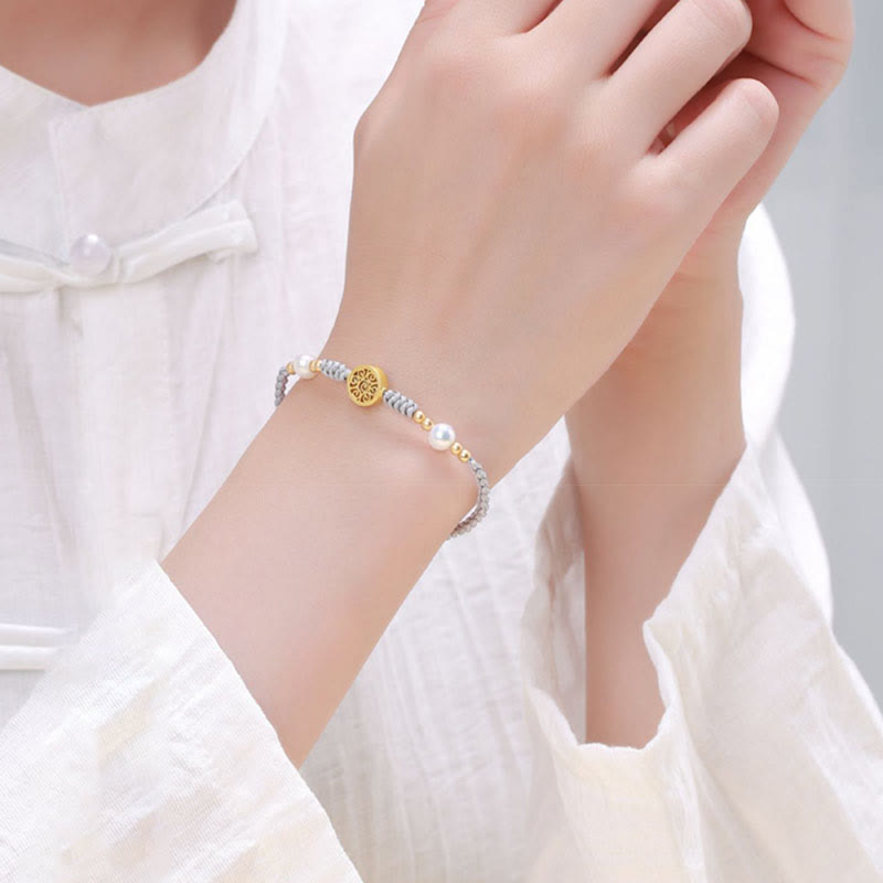 Buddha Stones、銅貨、幸運の木、真珠、幸運の青いロープ編みブレスレット