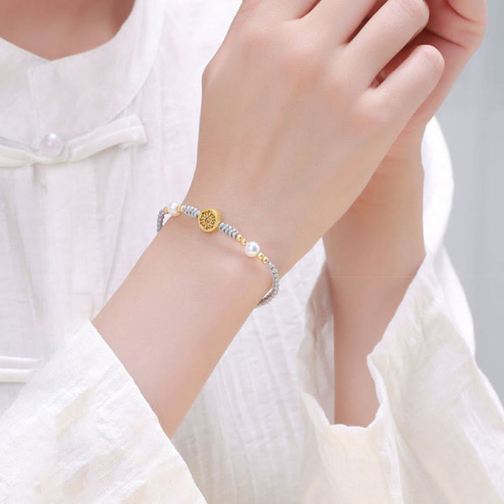 Buddha Stones、銅貨、幸運の木、真珠、幸運の青いロープ編みブレスレット