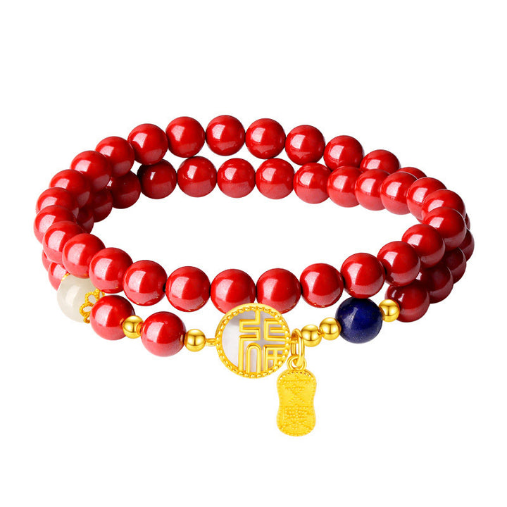 Buddha Stones 925スターリングシルバー 辰砂 シャコガイ フーキャラクター ダブルラップ 祝福ブレスレット