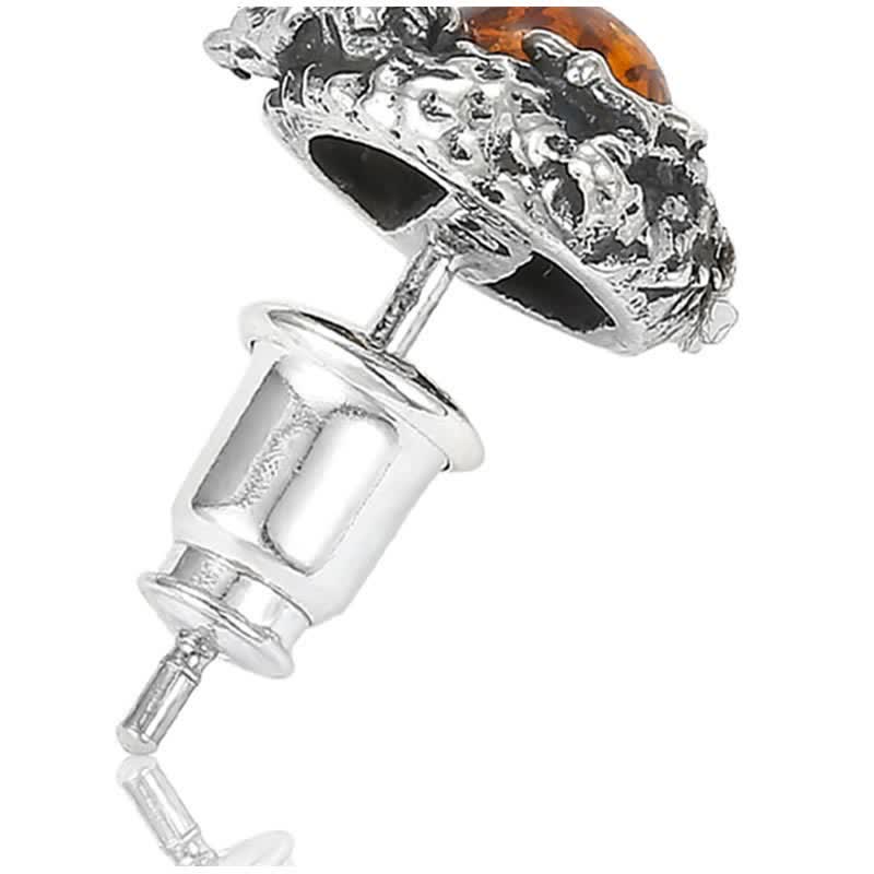 Buddha Stones925スターリングシルバー 天然琥珀 ドラゴン 成功の守護 スタッドピアス