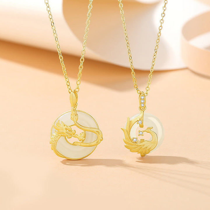 Buddha Stones925 スターリングシルバー 龍年 和田翡翠 ゴールデンドラゴン フェニックス 平和バックル 幸運ネックレスペンダント