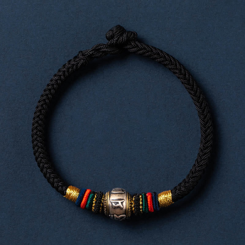 Buddha Stones925 スターリングシルバー チベット ハンドメイドオーム・マニ・パドメ・フム幸運の守護 キングコングノット 編み込みブレスレット