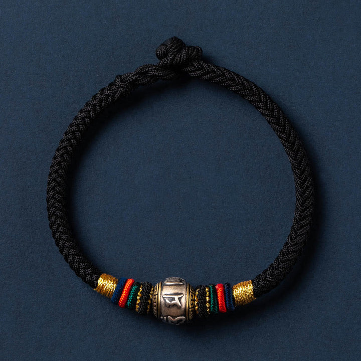 Buddha Stones925 スターリングシルバー チベット ハンドメイドオーム・マニ・パドメ・フム幸運の守護 キングコングノット 編み込みブレスレット