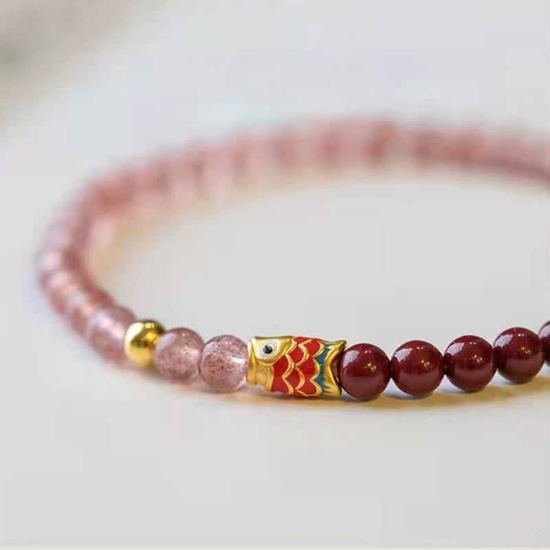 Buddha Stones天然ストロベリークォーツ 辰砂 幸運の鯉 ヒーリングブレスレット