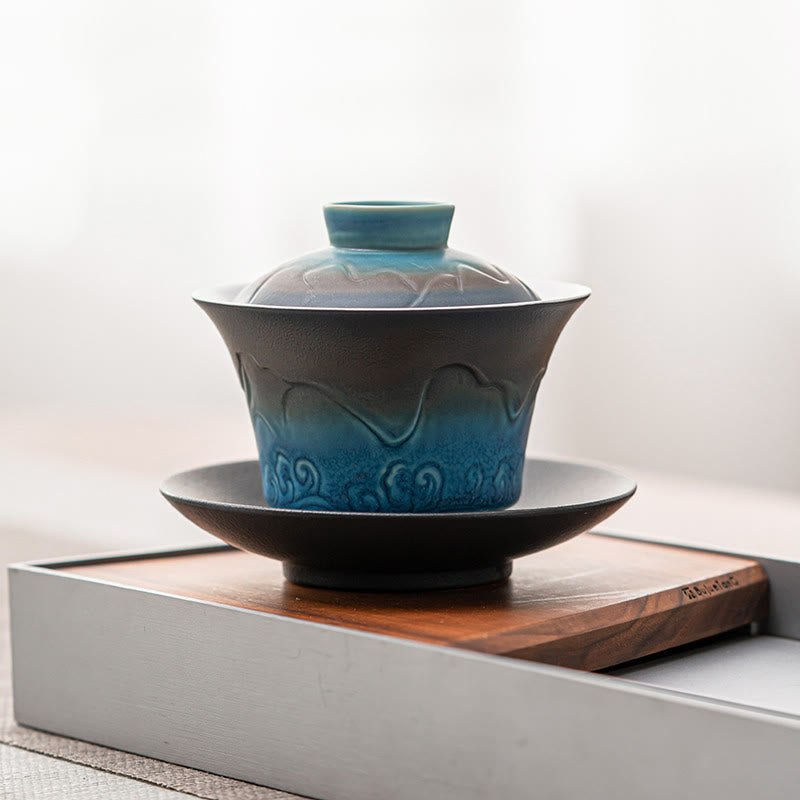 Buddha Stonesレトロブルーオーシャン海の波グラデーションセラミック蓋湾三彩ティーカップカンフーティーカップとソーサー蓋付き