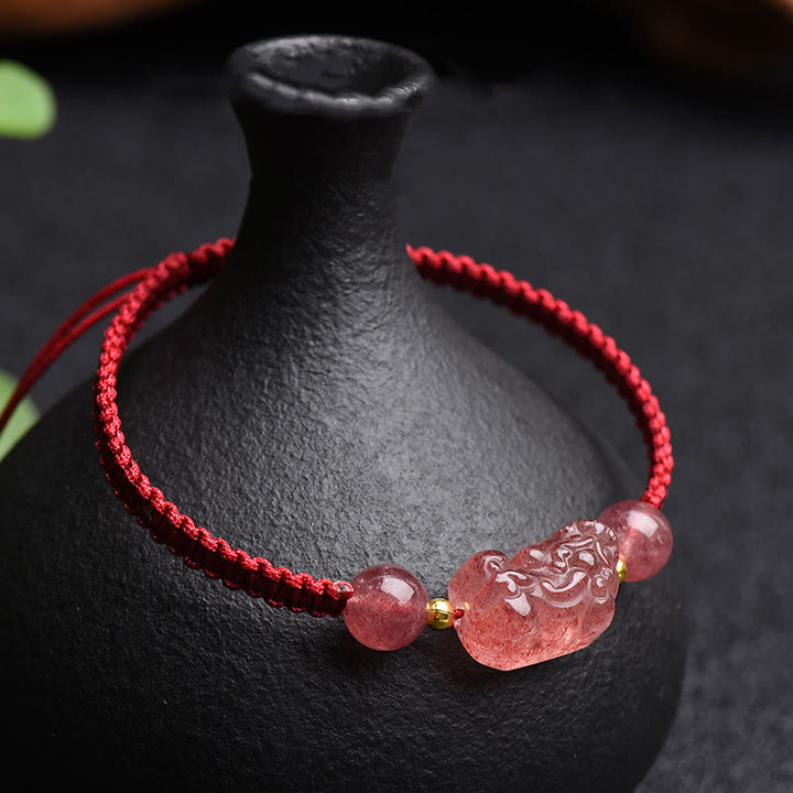 Buddha Stones天然ストロベリークォーツ貔貅幸運の赤紐ブレスレット