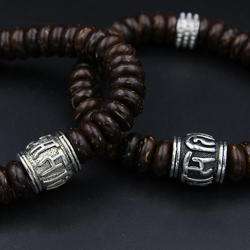 Buddha Stones天然チベットココナッツシェルオーム・マニ・パドメ・フム幸運を呼ぶブレスレット
