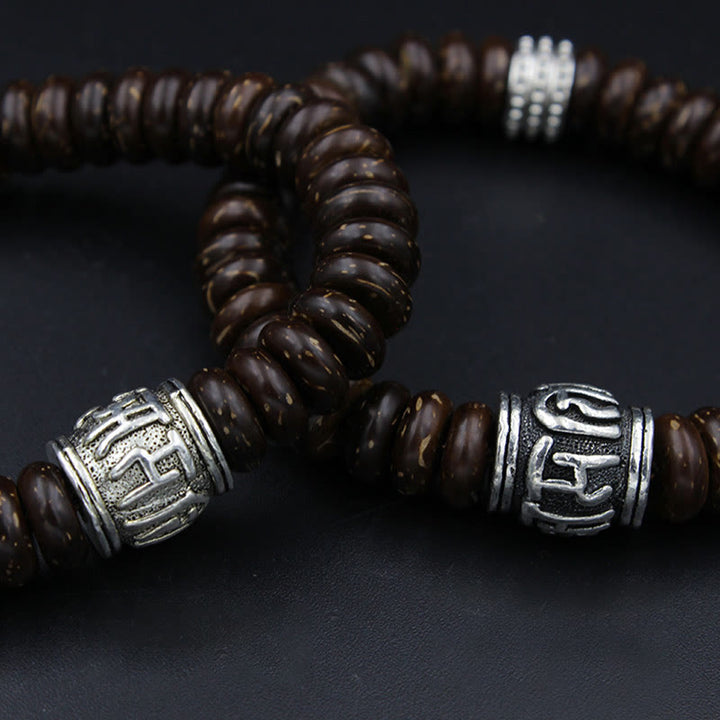 Buddha Stones天然チベットココナッツシェルオーム・マニ・パドメ・フム幸運を呼ぶブレスレット