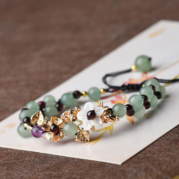 グリーンアベンチュリン ガーネット ビーズ 花びら 幸運 パワーストーンブレスレット Buddha Stones