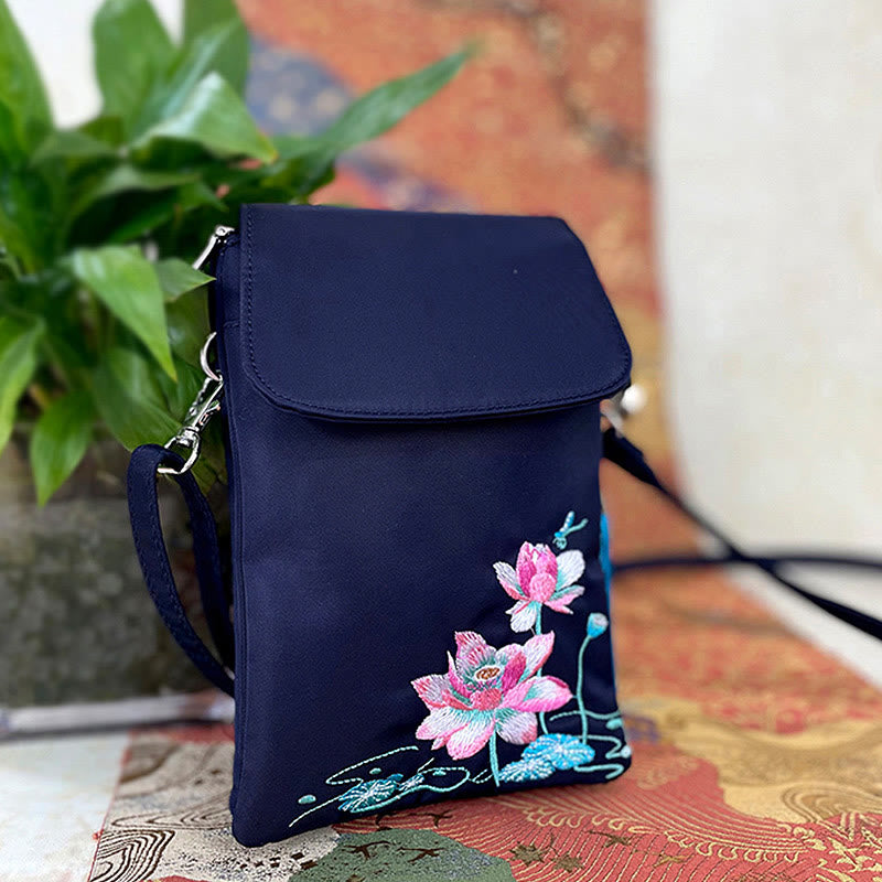 Buddha Stones防水ハンドメイド刺繍蓮の花クロスボディバッグショルダーバッグ携帯電話バッグ