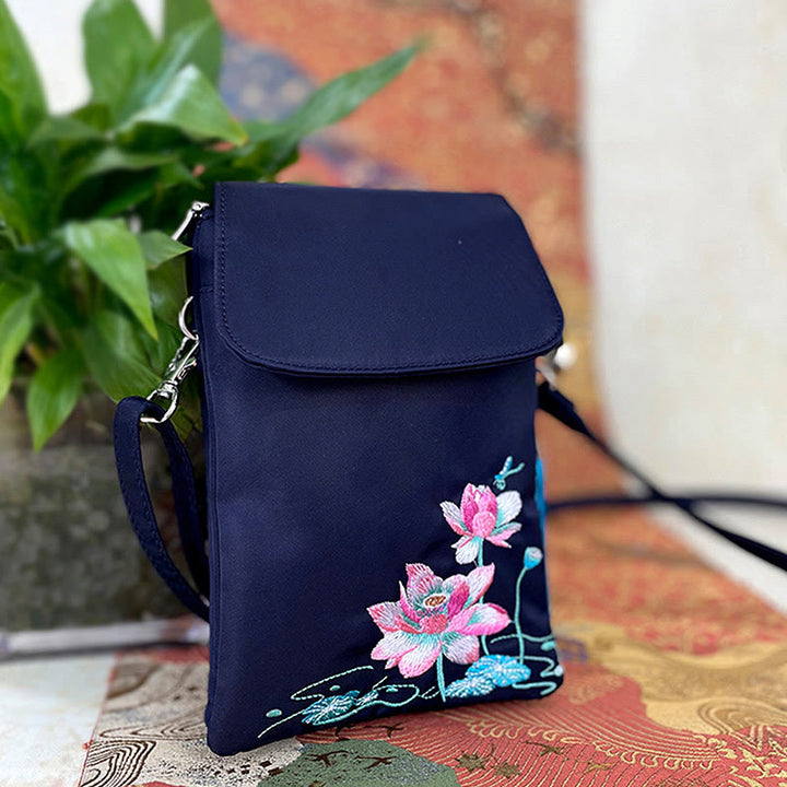 Buddha Stones防水ハンドメイド刺繍蓮の花クロスボディバッグショルダーバッグ携帯電話バッグ