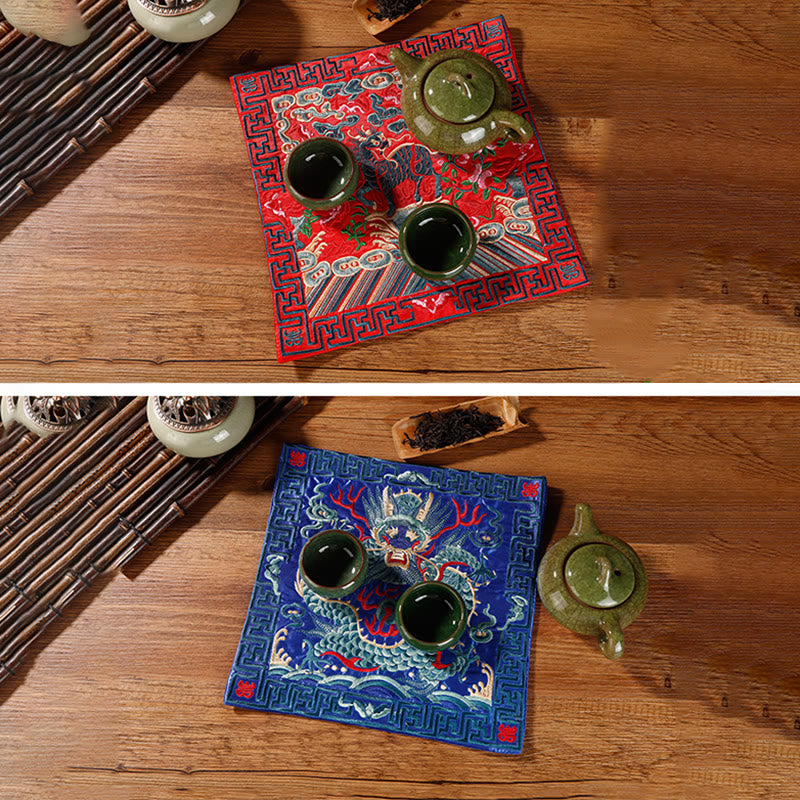 Buddha Stones鳳凰 龍 麒麟 刺繍 カップマットパッド ティーカップコースター スクエア カンフーティーマット