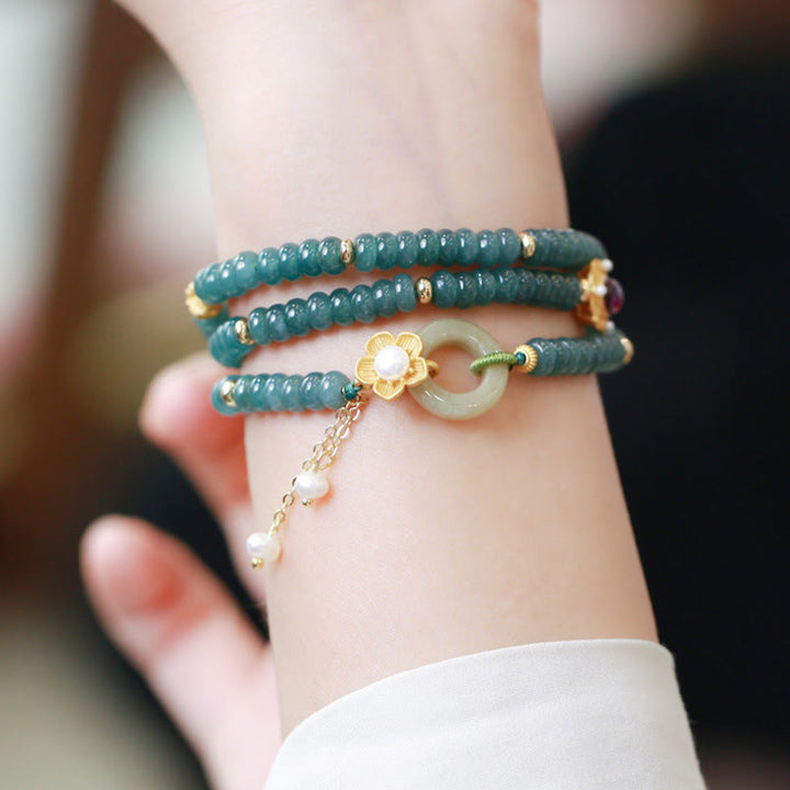 Buddha Stones 925スターリングシルバー ゴールドメッキ シアン翡翠フラワー ピースバックル 成功トリプルラップブレスレット