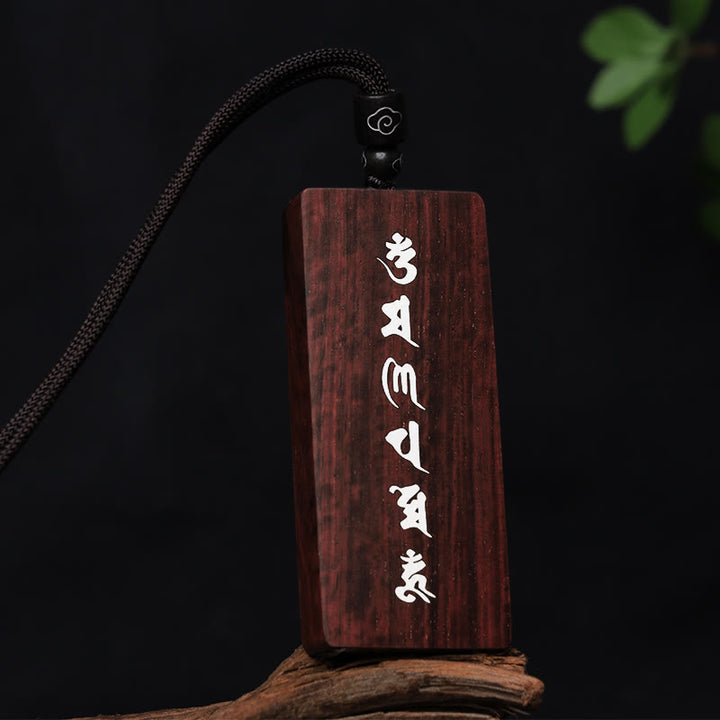 Buddha Stones999 スターリングシルバー小葉紫檀黒檀オーム・マニ・パドメ・フム象嵌 守護ネックレスペンダント - 小葉紫檀4×6×1cm - image 1
