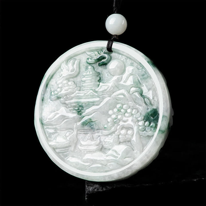 Buddha Stones、山の風景、翡翠の豊かさの紐ネックレス