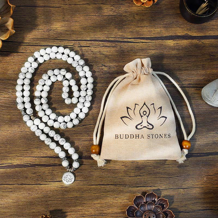 Buddha Stonesホワイトターコイズ ロータスMalaヒーリングブレスレット