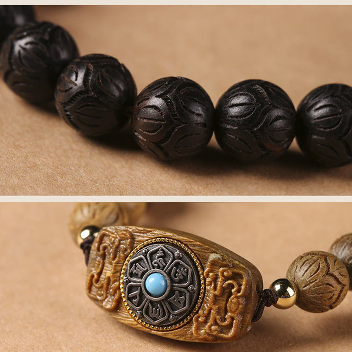 Buddha Stonesグリーンサンダルウッド黒檀サンダルウッドオーム・マニ・パドメ・フム癒しのブレスレット