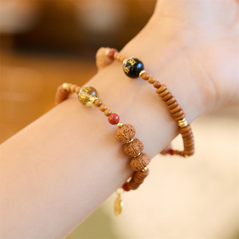 Buddha Stonesチベット菩提樹の種子 ブラックオニキス スモーキークォーツオーム・マニ・パドメ・フムフー キャラクター開運財運ブレスレット