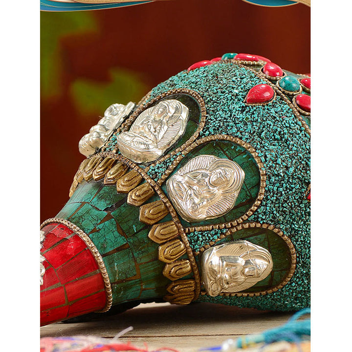 チベット手作り Shankha Om Mani Padme Hum Buddha Avalokitesvara ターコイズ コンクシェル ポジティブ装飾