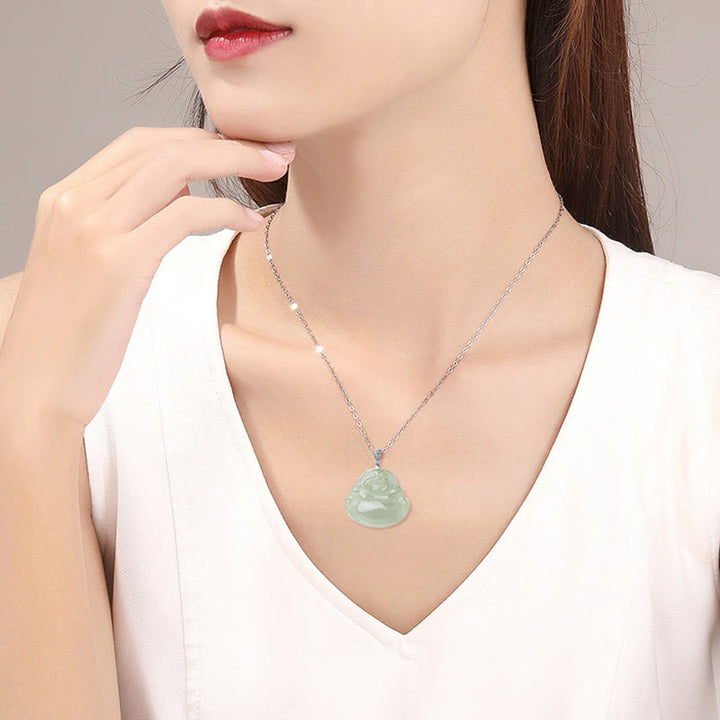Buddha Stones925スターリングシルバー 天然翡翠 笑い仏 繁栄 豊穣 チェーンネックレス ペンダント