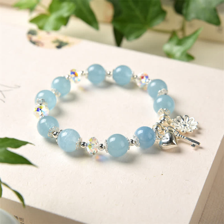Buddha Stones925スターリングシルバー 天然アクアマリン セレニティフラワー ラブキーチャームブレスレット