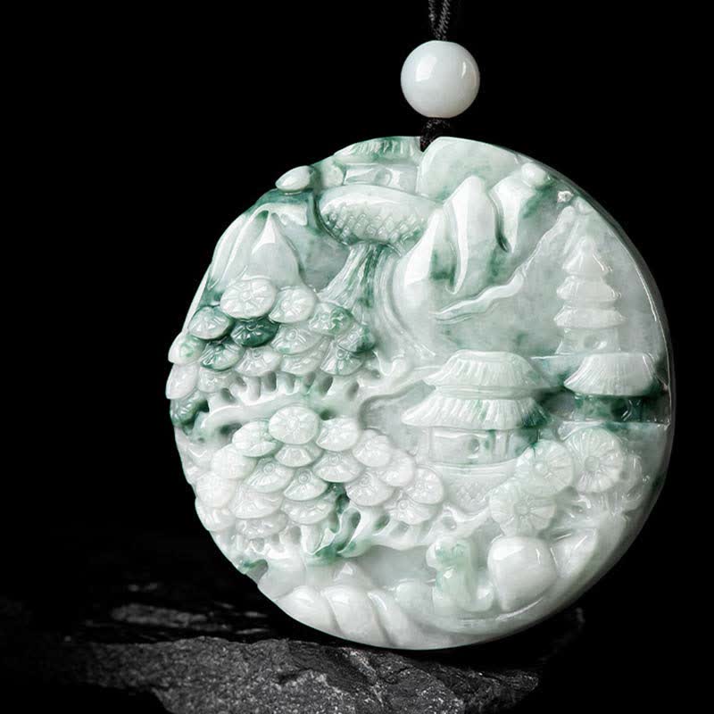 Buddha Stones、山の風景、翡翠の豊かさの紐ネックレス