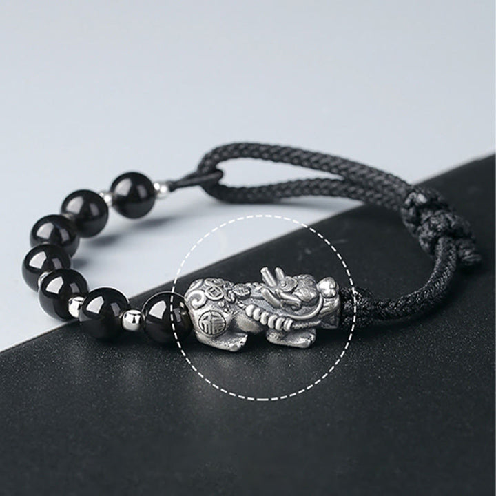 Buddha Stones999スターリングシルバー 風水 貔貅 天然黒曜石 925スターリングシルバー ビーズ 強度ブレスレット