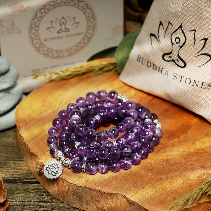 Buddha Stones天然アメジスト浄化Malaブレスレット