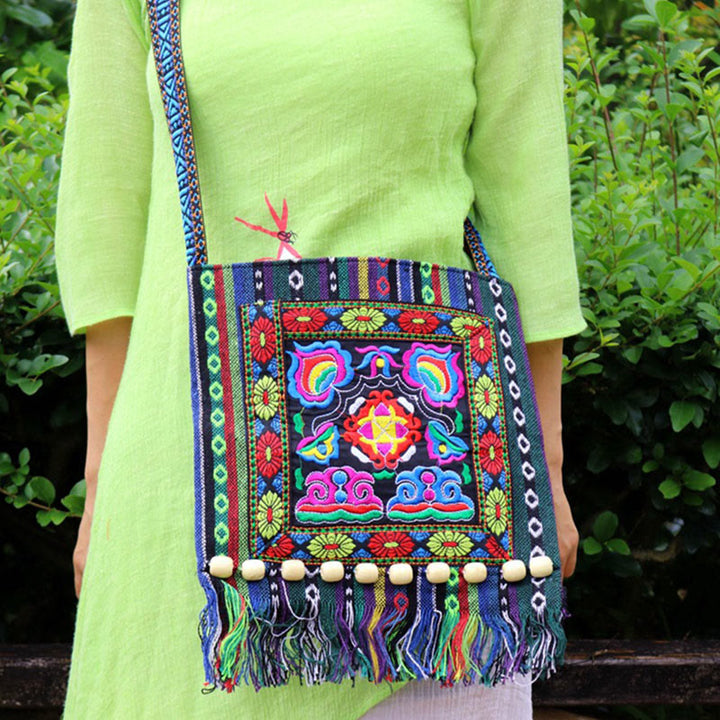 Buddha Stonesチベットのハンドメイド刺繍カメリアキャンバスショルダーバッグクロスボディバッグ