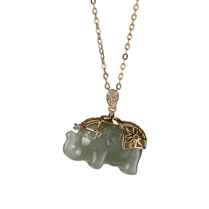 Buddha Stones925スターリングシルバー 翡翠象の幸運の祝福ネックレスチェーンペンダント
