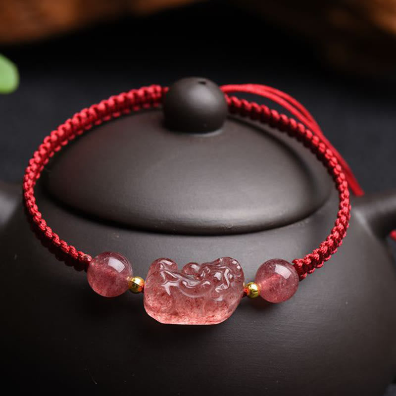 Buddha Stones天然ストロベリークォーツ貔貅幸運の赤紐ブレスレット
