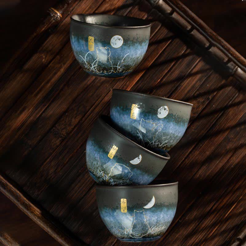 Buddha Stones陶器ティーカップ 愛らしい猫 ブラックティーカップ 140ml