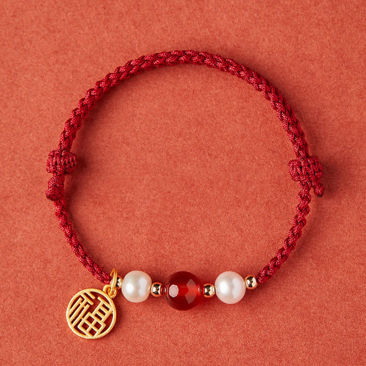 Buddha Stones925 スターリングシルバー 幸運の福の文字瑪瑙真珠 赤い紐編みブレスレット