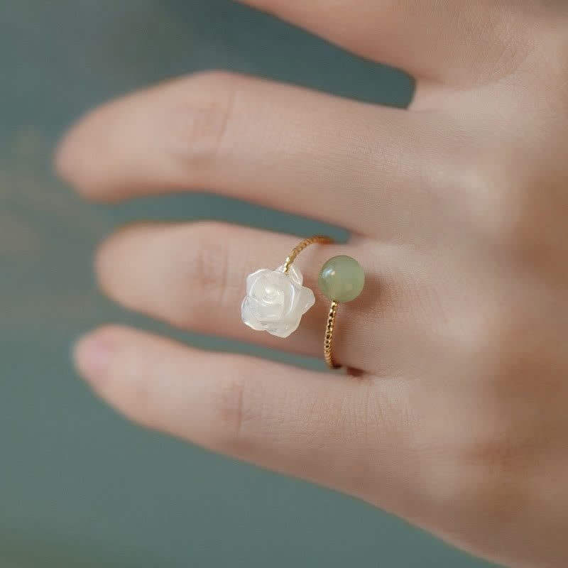 Buddha Stones14K ゴールドメッキ シャコガイ石 ローズフラワー 翡翠ビーズ 祝福リング
