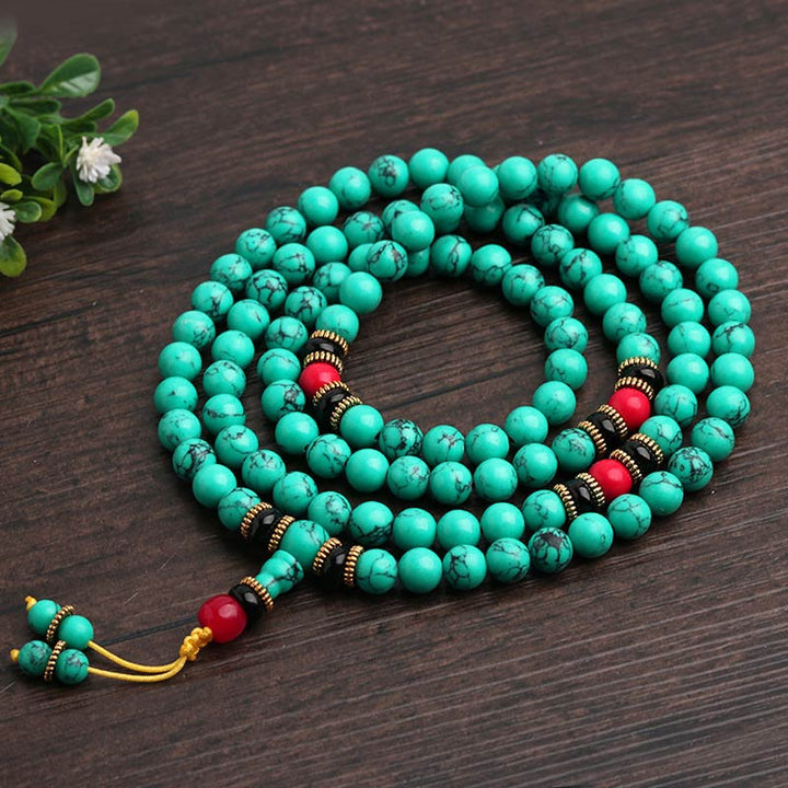 Buddha Stones チベット風 ターコイズ数珠ブレスレット 浄化 癒し 瞑想 マントラ風 メンズ レディース