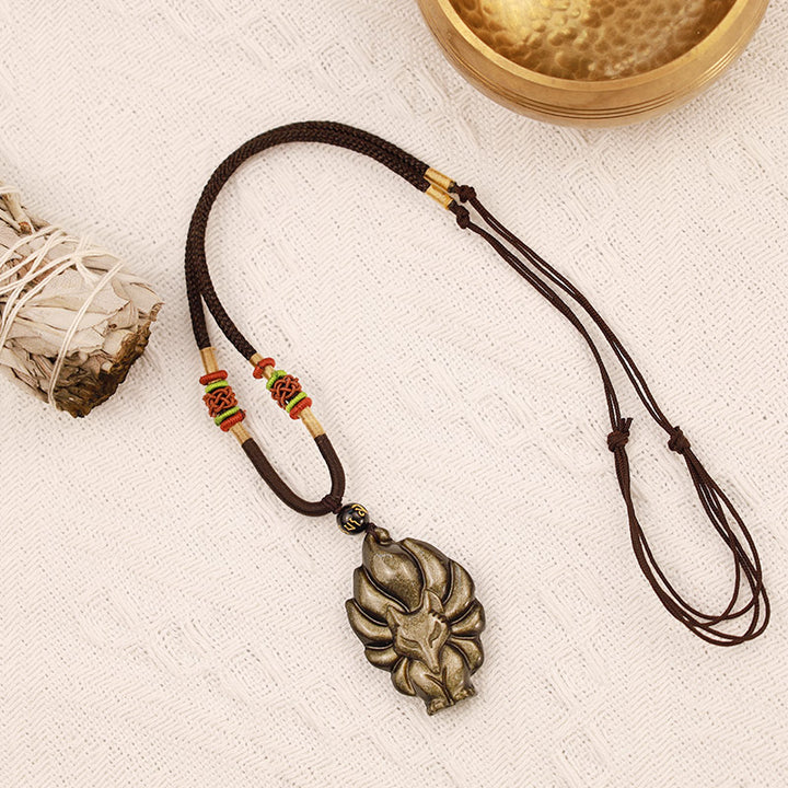 Buddha Stones天然レインボーオブシディアン ゴールドシーンオブシディアン 九尾狐 ポジティブネックレスペンダント