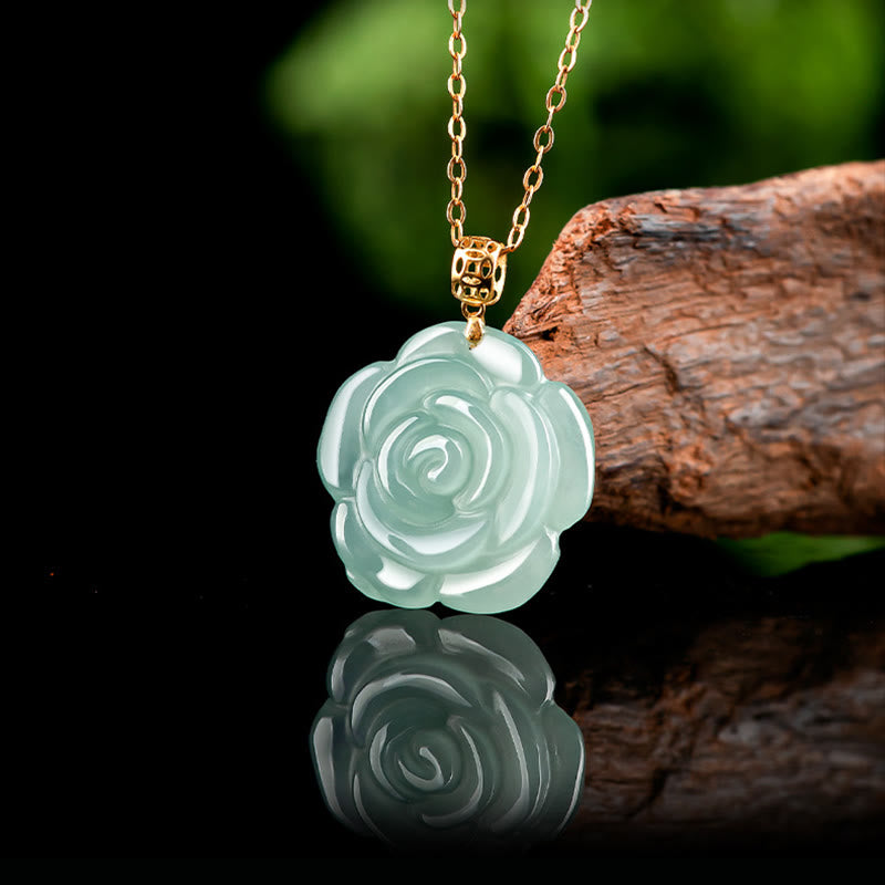 Buddha Stones18Kゴールド 925スターリングシルバー 天然翡翠 ローズ 幸運のネックレスペンダント