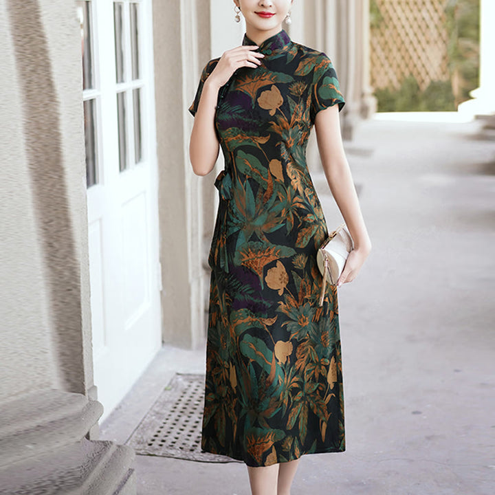 Buddha Stonesシルクチャイナドレス レトロ花葉柄レディースチャイナドレス