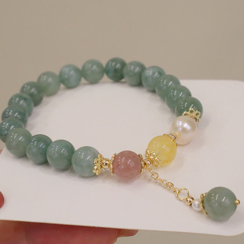 Buddha Stones翡翠パール ストロベリークォーツ 豊穣の幸運ビーズチャームブレスレット