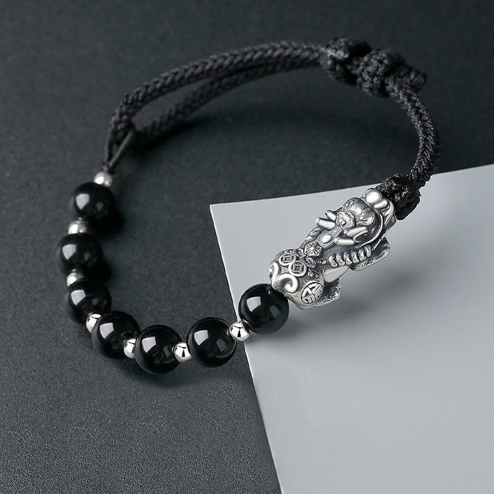 Buddha Stones999スターリングシルバー 風水 貔貅 天然黒曜石 925スターリングシルバー ビーズ 強度ブレスレット