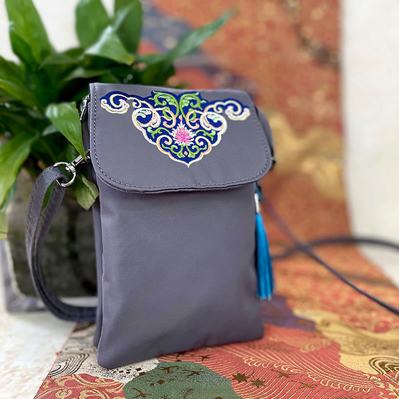 Buddha Stones防水ハンドメイド刺繍蓮の花クロスボディバッグショルダーバッグ携帯電話バッグ