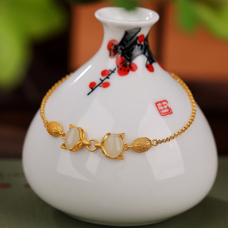 Buddha Stones925 スターリングシルバー 天然和田白翡翠 シアン翡翠 愛らしいキツネの幸運のブレスレット
