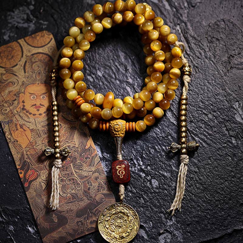 Buddha Stones 108Mala天然タイガーアイ 銅製 ドルジェ 守護 タッセルブレスレット
