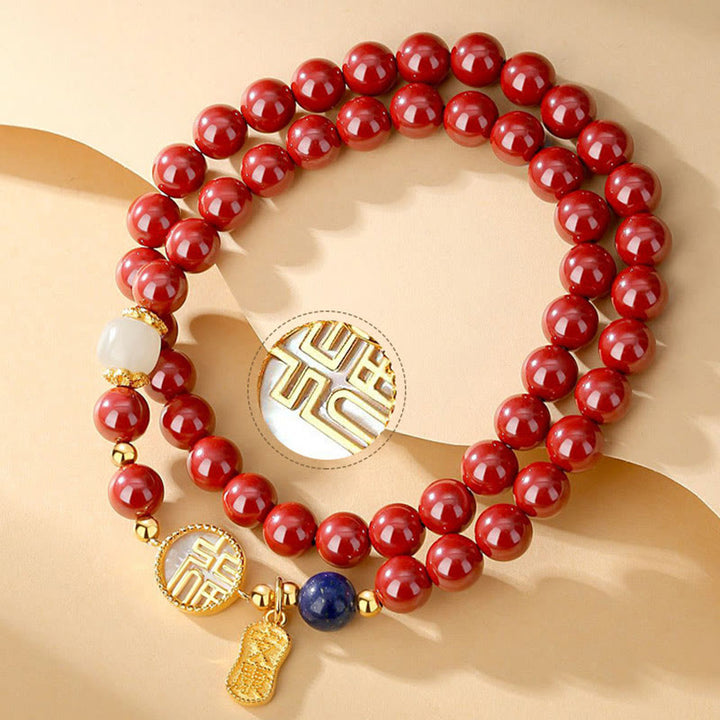 Buddha Stones 925スターリングシルバー 辰砂 シャコガイ フーキャラクター ダブルラップ 祝福ブレスレット