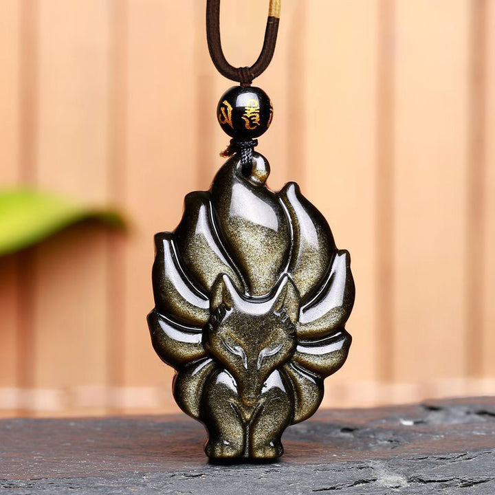 Buddha Stones天然レインボーオブシディアン ゴールドシーンオブシディアン 九尾狐 ポジティブネックレスペンダント