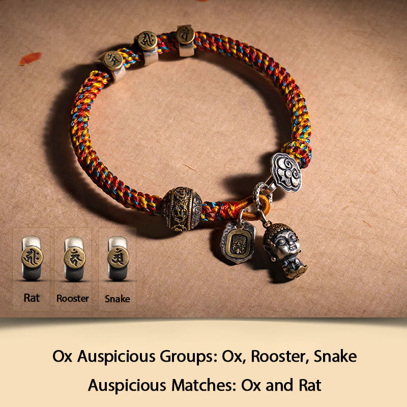 Buddha Stonesハンドメイド チベット 925 スターリングシルバー十二支誕生仏ザキラム 富の守護女神 マルチカラー ロープ編みブレスレット