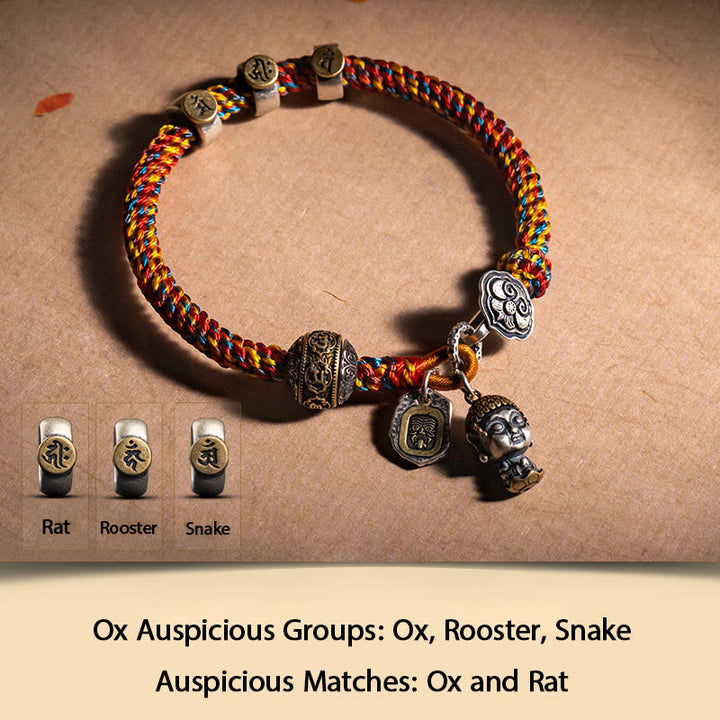 Buddha Stonesハンドメイド チベット 925 スターリングシルバー十二支誕生仏ザキラム 富の守護女神 マルチカラー ロープ編みブレスレット