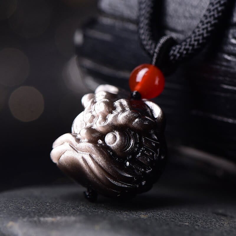 Buddha Stones天然銀光沢黒曜石踊るライオン守護ネックレスペンダント