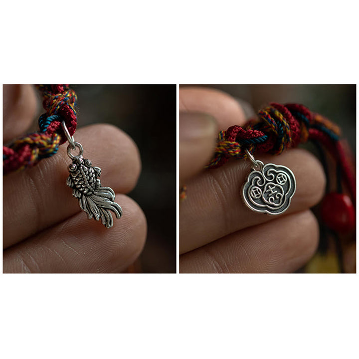 Buddha Stonesチベット手作りカラフルな糸925スターリングシルバー鯉魚保護強度ストリングブレスレット